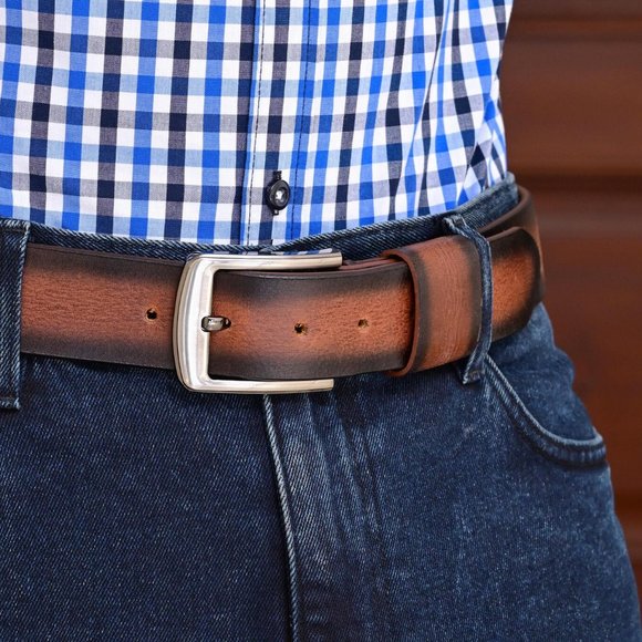 Full Grain Vintage Sun Brown Buffalo Leather Belt For Men: Free Personalization - Picture 7 of 14